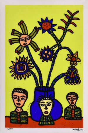 Tabletop Humans (Whimsical Bouquet) by Madhvi Parekh, Original Reverse Serigraph Figurative Painting on Paper, Small Vertical Wall Art