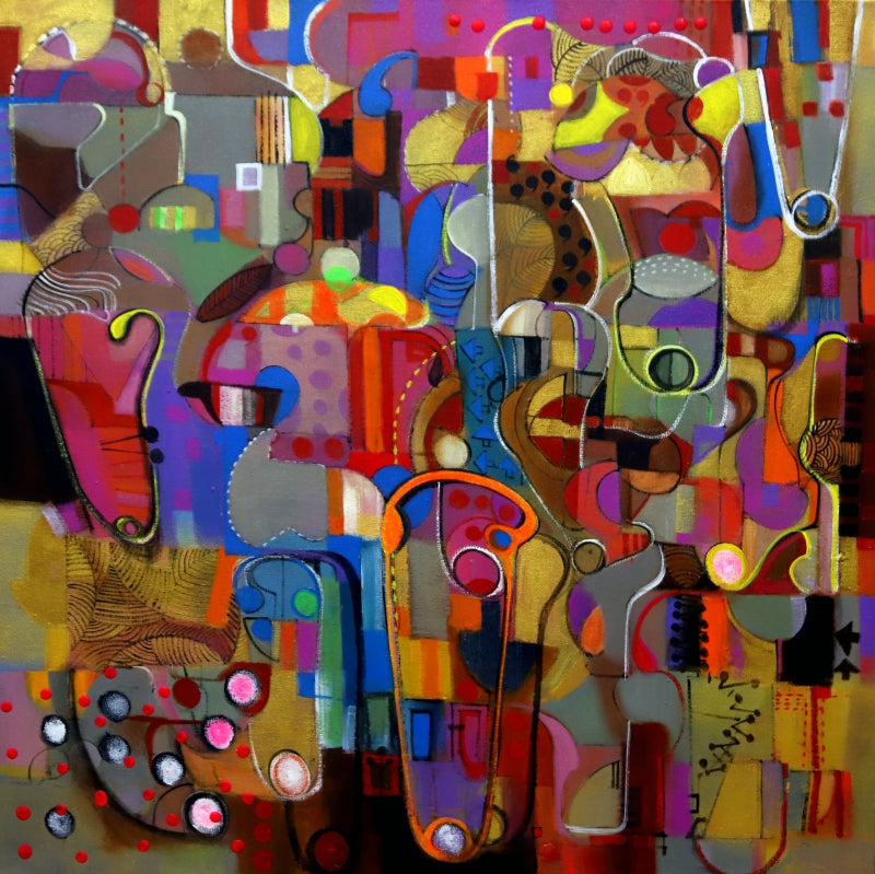 The Tag' abstract acrylic painting by artist Madan Lal, 30x30 inch, on canvas