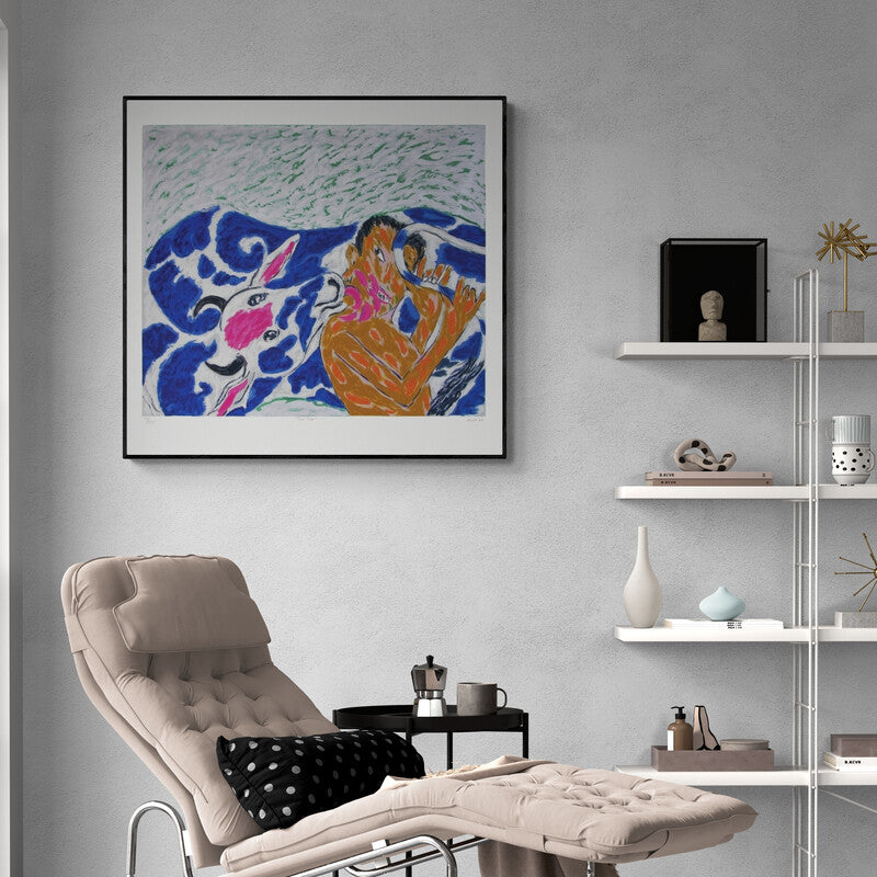 In-situ view of Amit Ambalal's 'Tail Tale (The Red Bull)' painting in a room