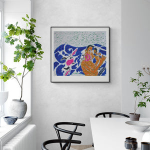 Amit Ambalal's painting 'Tail Tale (The Red Bull)' displayed in a modern living room setting