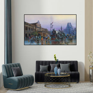 Bijay Biswaal's 'Tale Of 2 Cities' painting visualized above a sofa in a contemporary room.