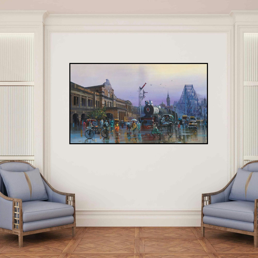 'Tale Of 2 Cities' painting by Bijay Biswaal shown on a wall in a furnished room.