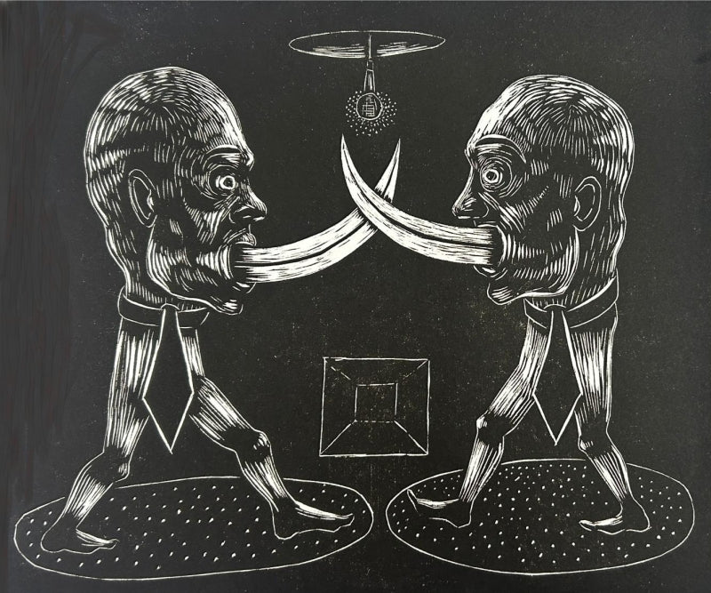 Talk War' contemporary wood cut printmaking by artist Prashant Kuwar, 20x22 inch, on paper