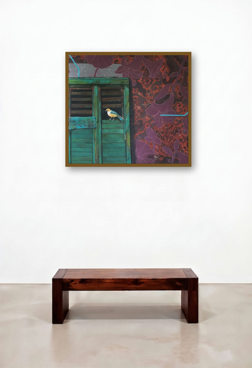 Talking With Wall 2 (Solitary Bird) by artist Gopal Roy displayed in a Contemporary Luxury Reception Area