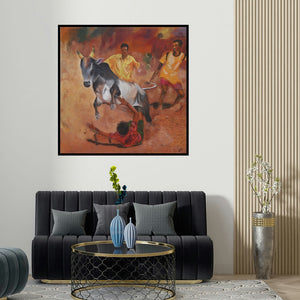Vignesh Kumar's 'Tamilnadu Bull Fight' painting visualized above a sofa in a contemporary room.