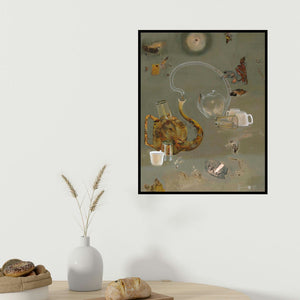 Zakir Hussain Shaikh's 'Sharing (Still Life with Tea Objects)' painting visualized above a sofa in a contemporary room.