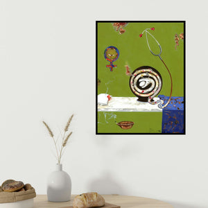 Zakir Hussain Shaikh's 'Abortion (Medical Symbols in a Surreal Setting)' painting visualized above a sofa in a contemporary room.