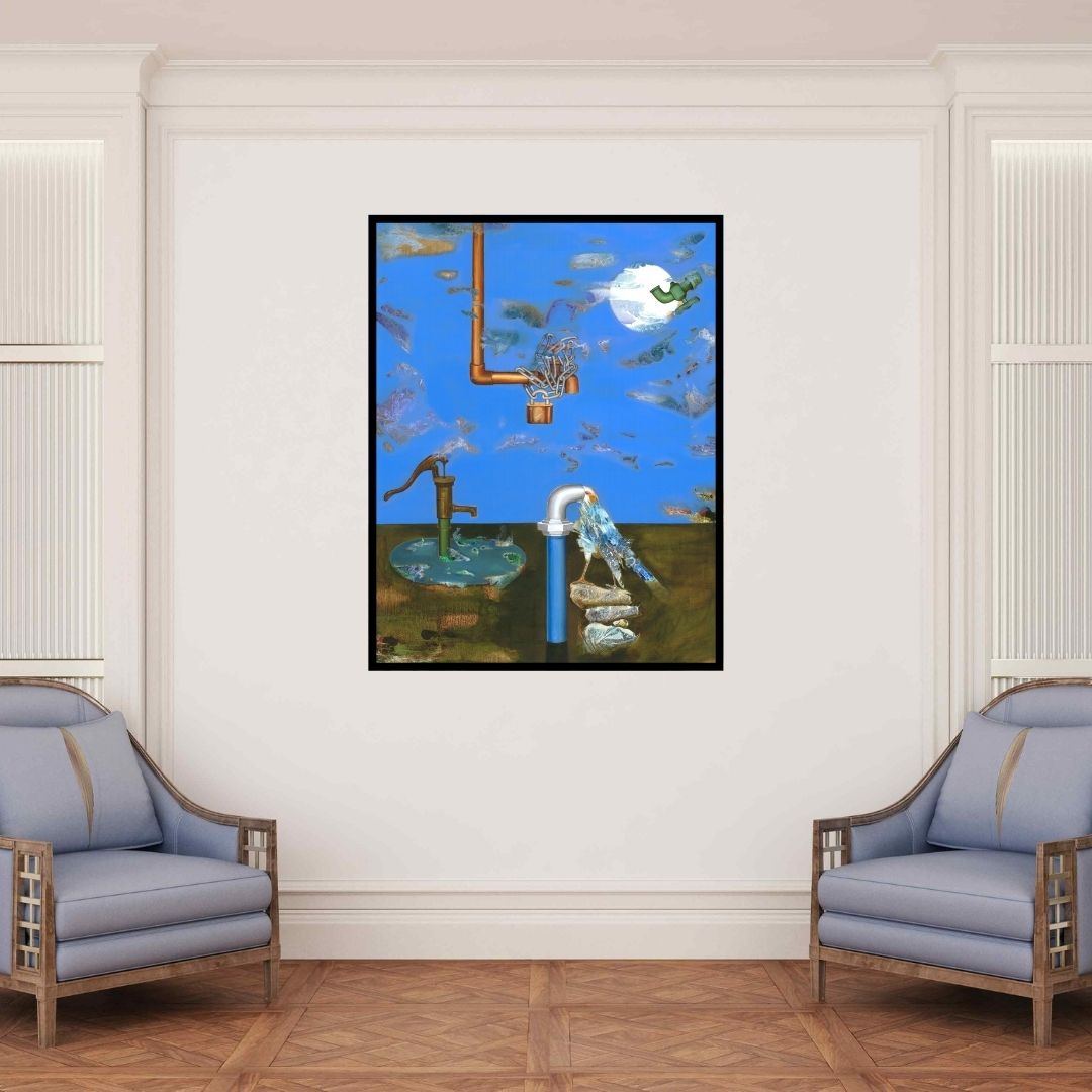 In-situ view of Zakir Hussain Shaikh's 'Thirsty Birds' painting in a room