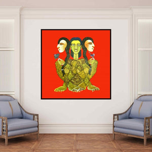 In-situ view of Dharmendra Kumar's 'Tapasvini 1 (The Triple Goddess)' painting in a room