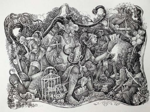 contemporary mixed media drawing titled 'Tarrot Reader', 21x28 inches, by artist Gouri Vemula on Paper