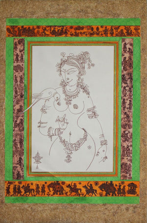 Tarunai (Whispers of the Soul: A Woman and Her Parrot) by Satish Chavhan, Original Watercolor Figurative Painting on Paper, Medium Vertical Wall Art