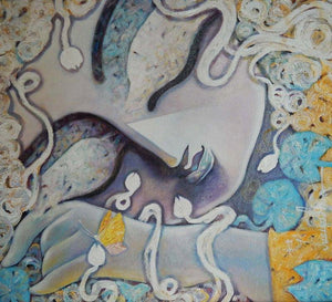 Tathagatha (Ethereal Contemplation) by Subrata Ghosh, Original Acrylic Figurative Painting on Canvas, Small Horizontal Wall Art
