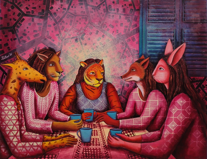 'Tea Ceremony' figurative acrylic painting by artist Pallavi Dutta, 20x26 inch, on paper