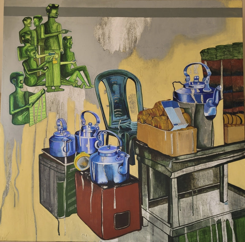 The Tea Maker Corner' still-life acrylic painting by artist Mona Dalal, 30x30 inch, on canvas