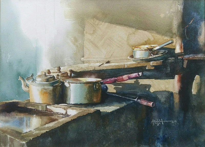 Tea Stall' still-life watercolor painting by artist Das Sujith, 22x30 inch, on paper