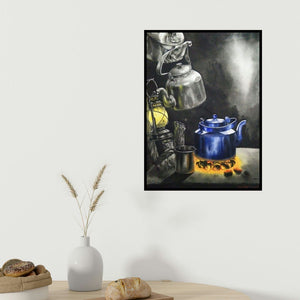 Saikat Maity's 'Tea Time (Ember Glow)' painting visualized above a sofa in a contemporary room.