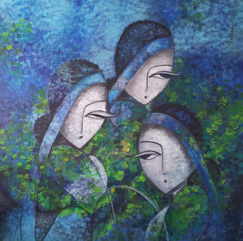 Figurative acrylic painting titled 'Tea tulips', 36x36 inches, by artist Sarang Singla on Canvas