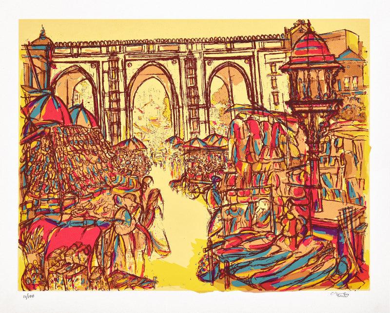 Cityscape serigraphs painting titled 'Teen Darwaza', 24x30 inches, by artist Vrindavan Solanki on Paper