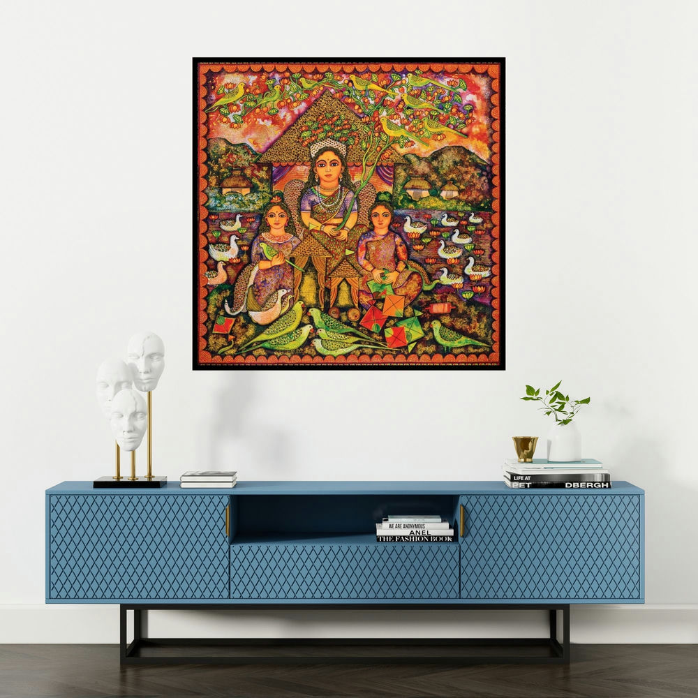'Teen Kanya (Idyllic Afternoon)' painting by Jayasri Burman shown on a wall in a furnished room.