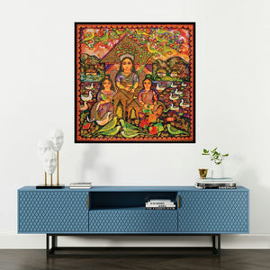 'Teen Kanya (Idyllic Afternoon)' painting by Jayasri Burman shown on a wall in a furnished room.