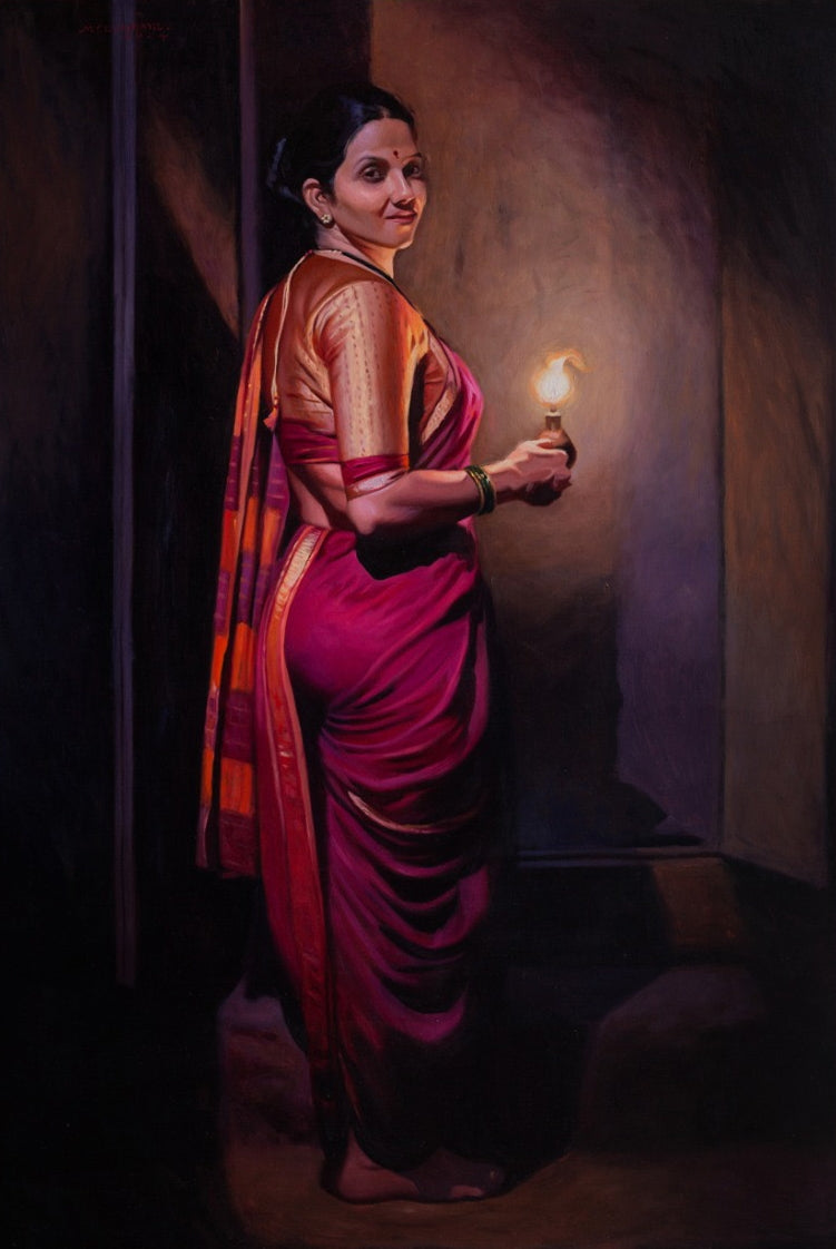 Tejogarbha' figurative oil painting by artist Mahesh Soundatte, 45x30 inch, on linen