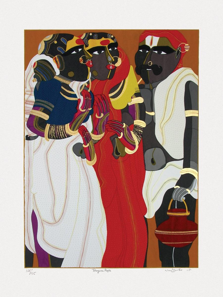 Figurative serigraphs painting titled 'Telangana People', 40x30 inches, by artist Thota Vaikuntam on Paper
