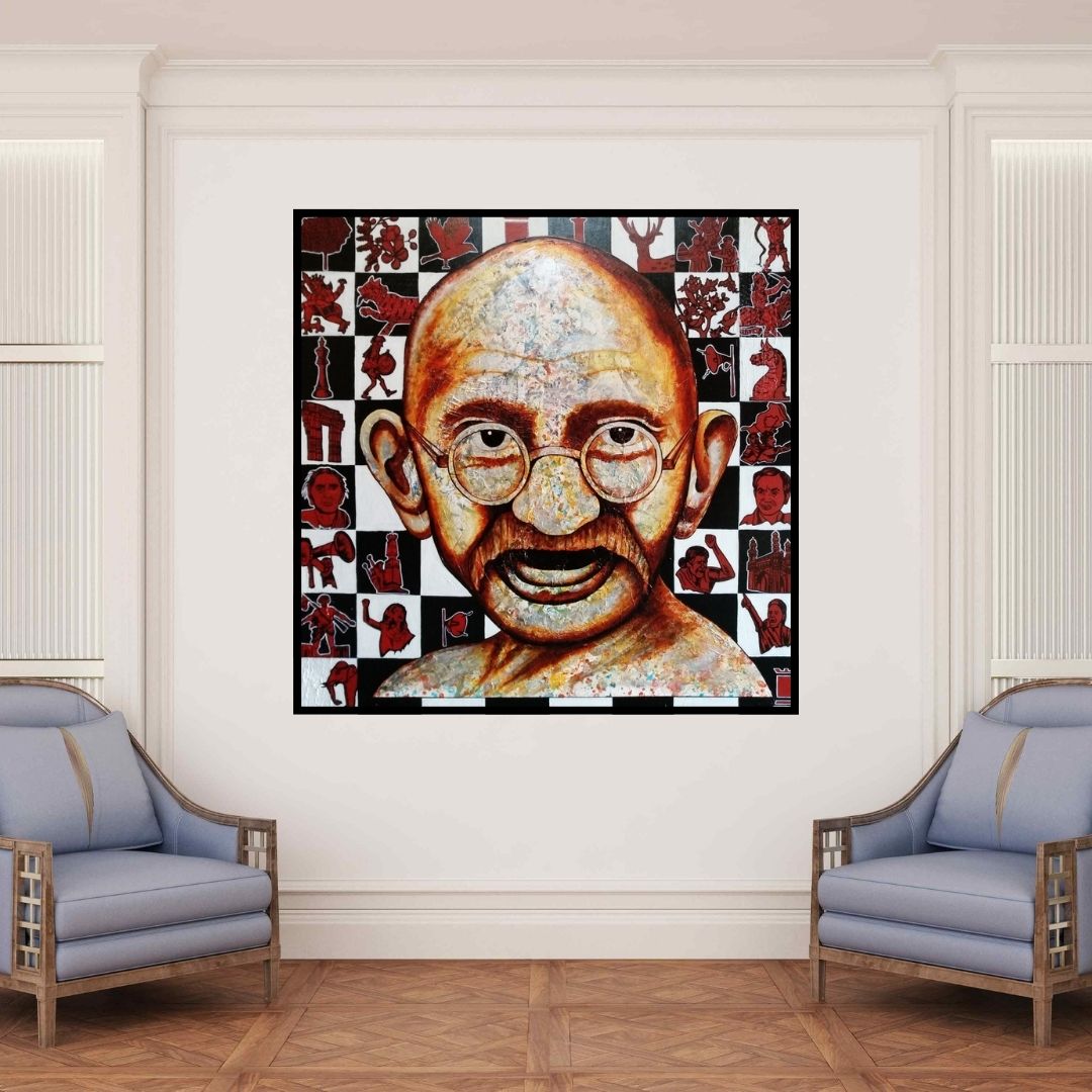 In-situ view of Naresh Bollu's 'Weaving Icon (Gandhi ji)' painting in a room