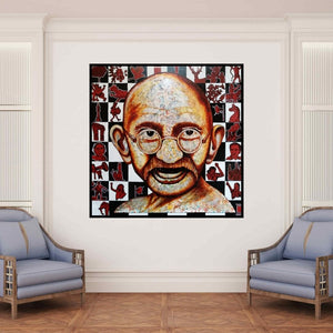 In-situ view of Naresh Bollu's 'Weaving Icon (Gandhi ji)' painting in a room