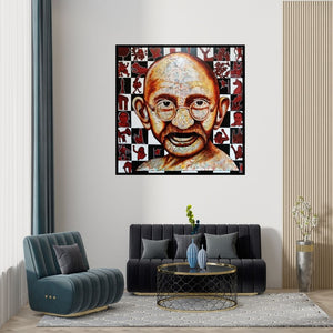 Preview of 'Weaving Icon (Gandhi ji)' Painting by Naresh Bollu shown on a wall in a furnished room.
