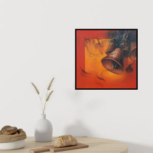 Preview of 'Temple Bells (Echoes of Devotion)' Painting by Swastik Jawalekar shown on a wall in a furnished room.