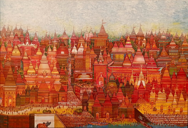 Religious acrylic painting titled 'Temple City Of My Dreams', 48x72 inch, by artist M Singh on Canvas