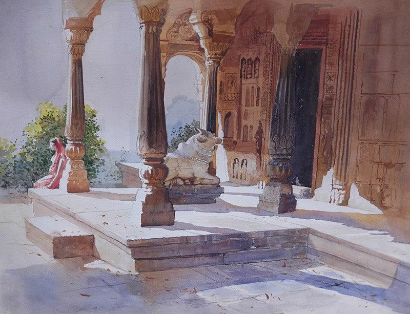 Cityscape watercolor painting titled 'Temple Courtyard', 16x21 inches, by artist Bijay Biswaal on Arches Paper