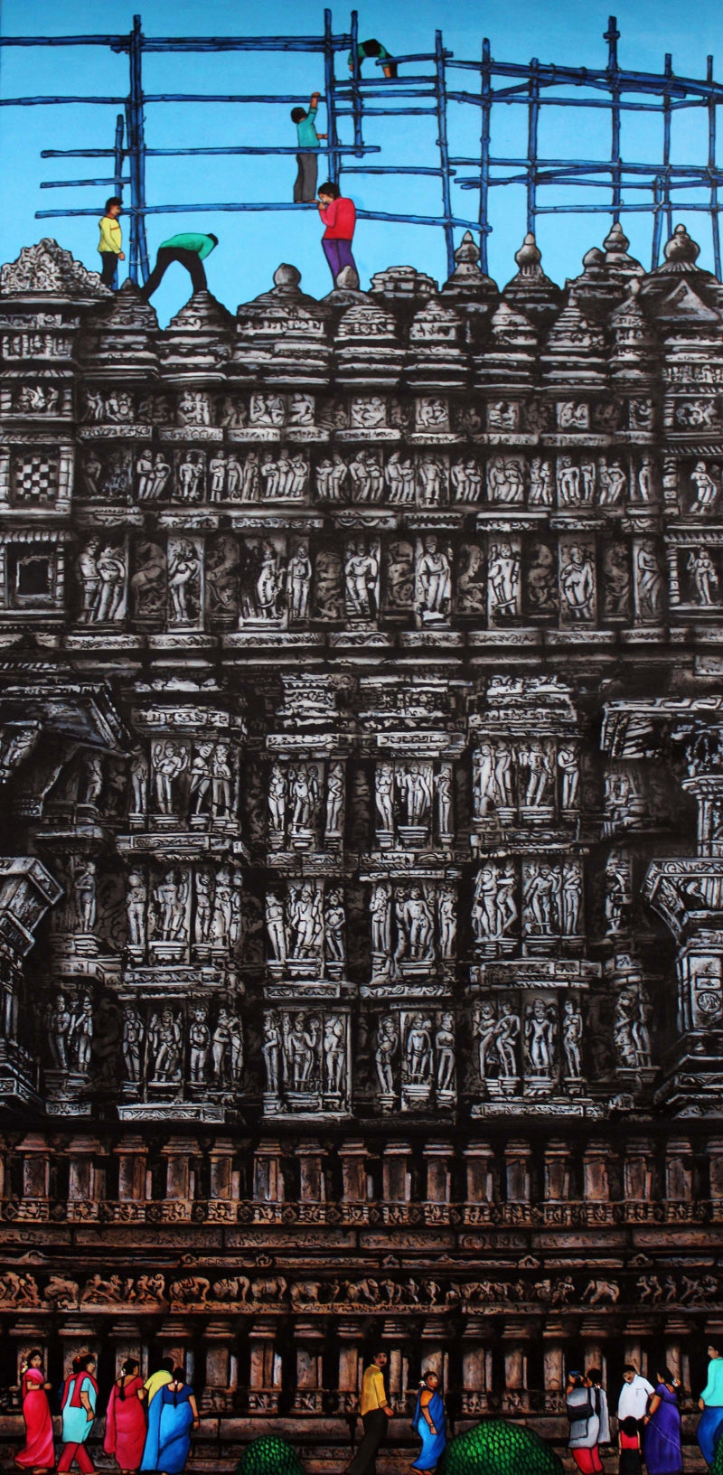 Temple Renovation 4' religious acrylic-charcoal painting by artist Gangu Naidu Pv, 72x36 inch, on canvas