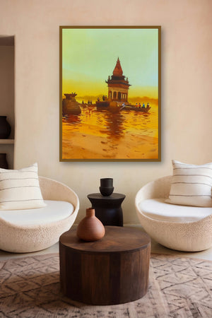 Temples At River (Peaceful Ganga A Sunset View) by artist Rupesh Patil displayed in a Modern gallery