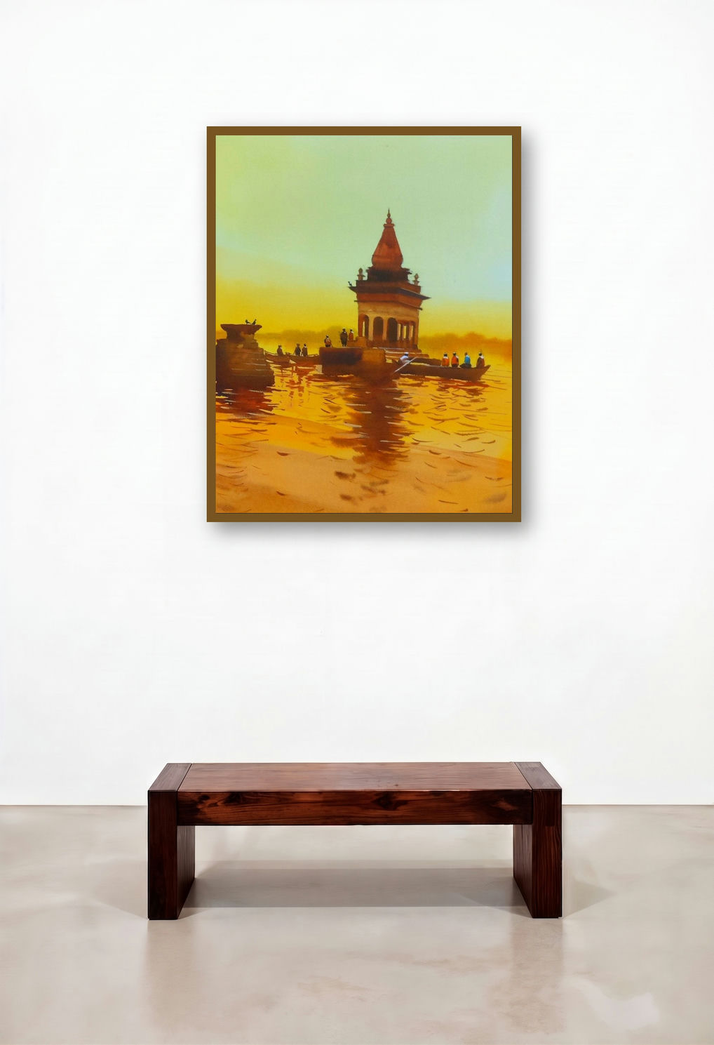 Temples At River (Peaceful Ganga A Sunset View) by artist Rupesh Patil displayed in a Industrial Family Room