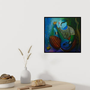 Preview of 'A Testament Of Devotion (Symphony of Nature) (Cosmic Harmony)' Painting by Anupam Pal shown on a wall in a furnished room.