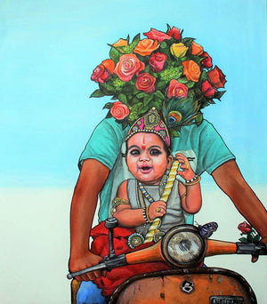 Thank You God 3 (Divine Rider) by Gangu Naidu Pv, Original Acrylic Religious Painting on Canvas, Large Vertical Wall Art