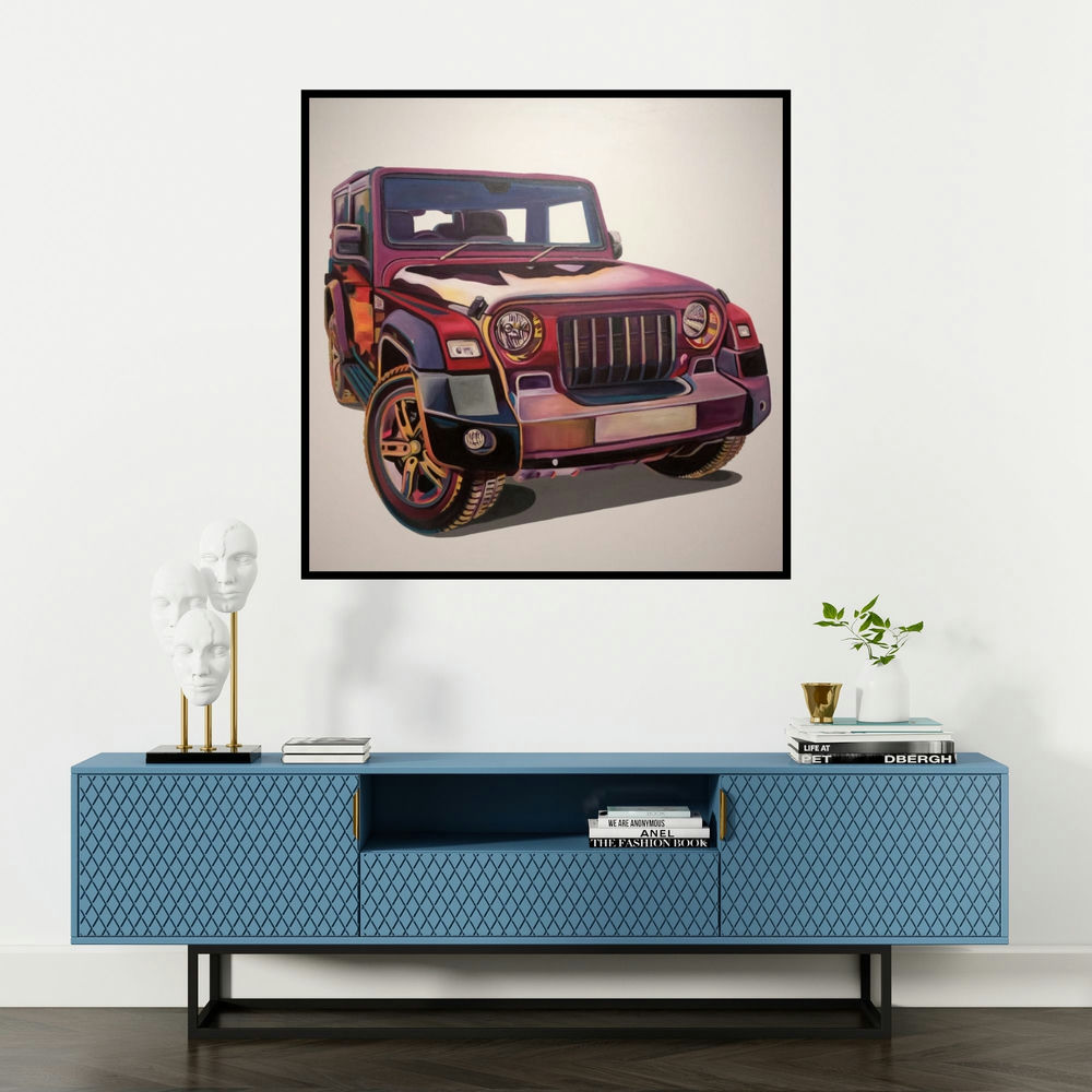 'Thar' painting by Murali Thrigulla shown on a wall in a furnished room.