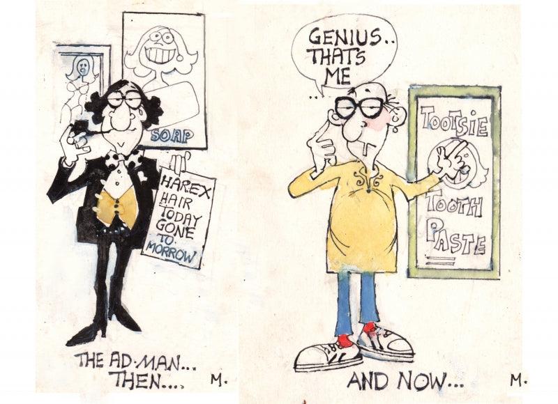 Figurative mixed media drawing titled 'The Adman Then And Now', 5x7 inches, by artist Mario Miranda on Paper