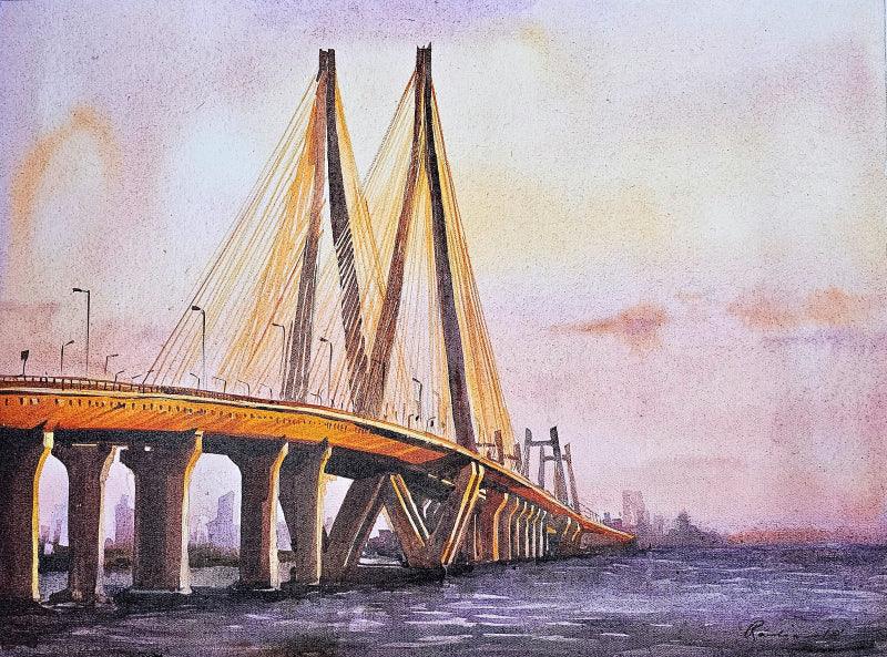 Cityscape acrylic painting titled 'The Bandra Worli Sea Link', 18x24 inches, by artist Ranabir Saha on Canvas