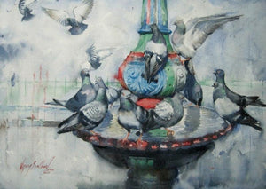 The Bath (Urban Gathering) by Vijay Jadhav, Original Watercolor Animal Painting on Paper, Medium Horizontal Wall Art