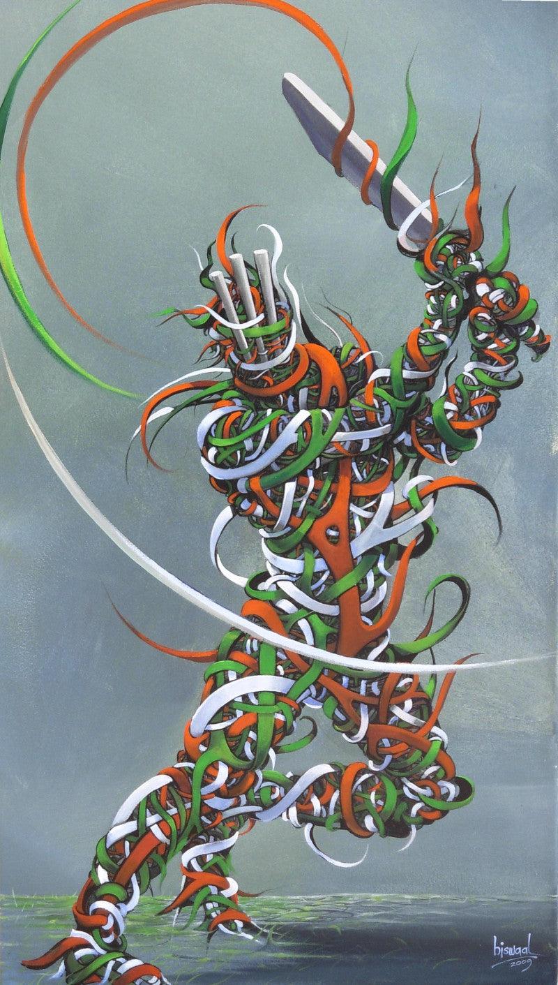 Figurative acrylic painting titled 'The Batsman', 40x20 inches, by artist Bijay Biswaal on Canvas