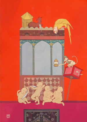 The Beginning Of New Era by Subir Dey, Original Tempera Figurative Painting on Treated Cloth, Medium Vertical Wall Art