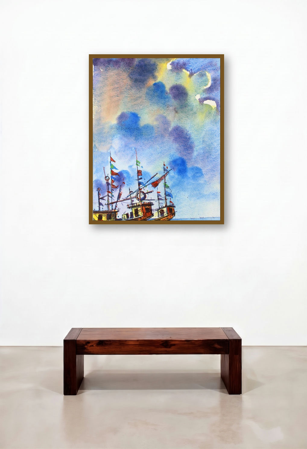 The Boats 1 (Harbor Serenity) by artist Sadek Ahmed displayed in a Minimalist Hotel Suite