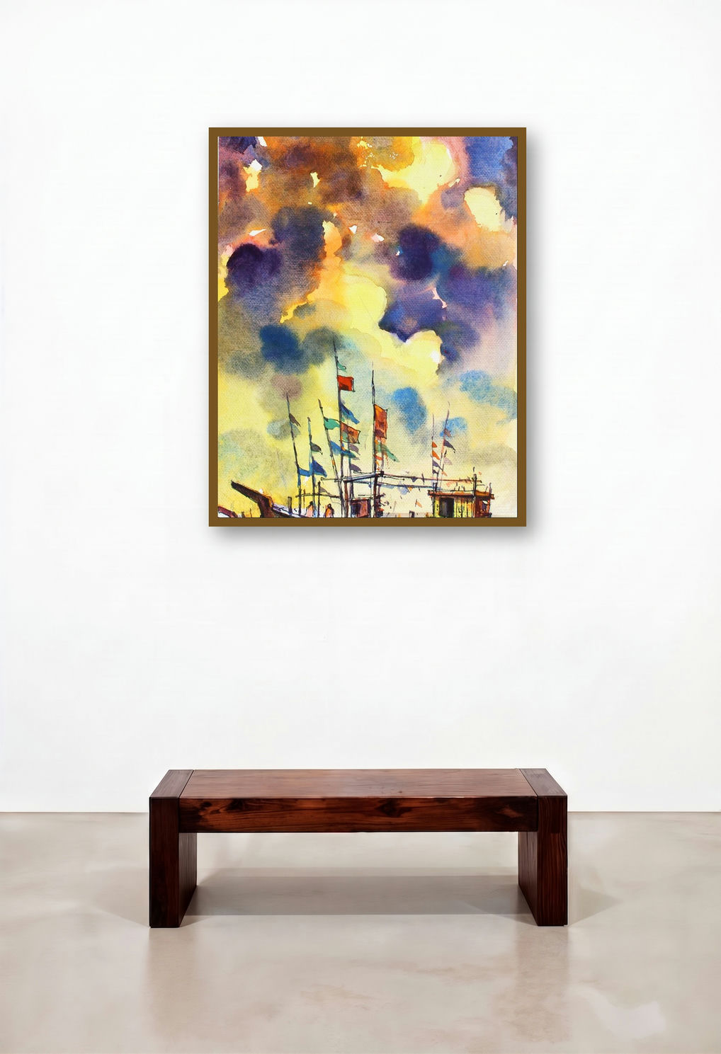 The Boats 3 (Sunlit Serenity) by artist Sadek Ahmed displayed in a Elegant Hotel Suite