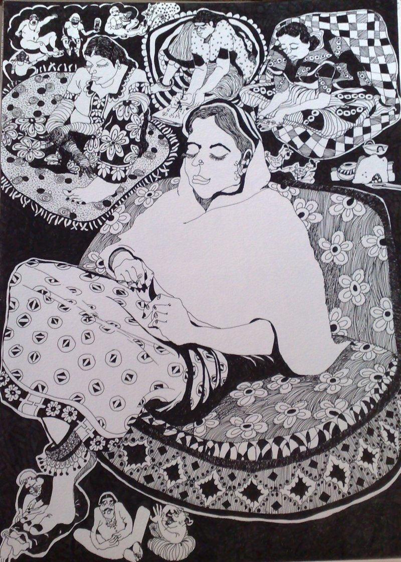 Figurative pen drawing titled 'The Boss', 16x12 inches, by artist Fatema Lodhger on Paper