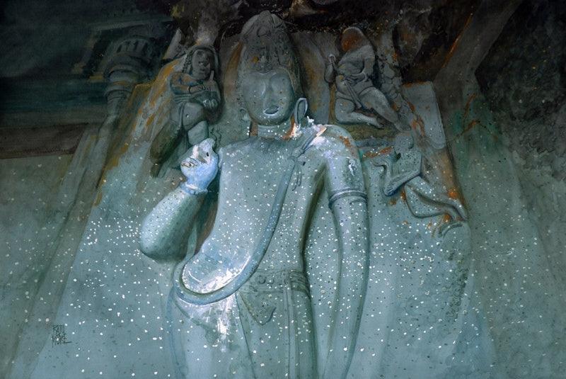 Religious watercolor painting titled 'The Buddha 3', 18x26 inches, by artist Raju More on Paper