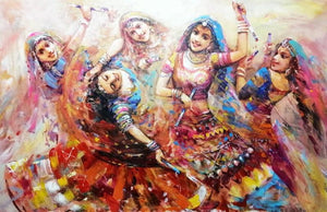 Figurative acrylic painting titled 'The Celebration Gangour 3', 40x60 inches, by artist Ranjit Sarkar on Canvas