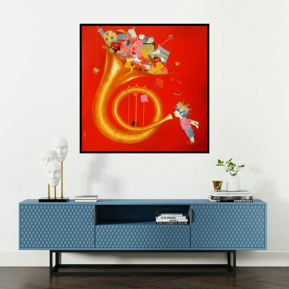 'The Childhood' painting by Shiv Kumar Soni shown on a wall in a furnished room.