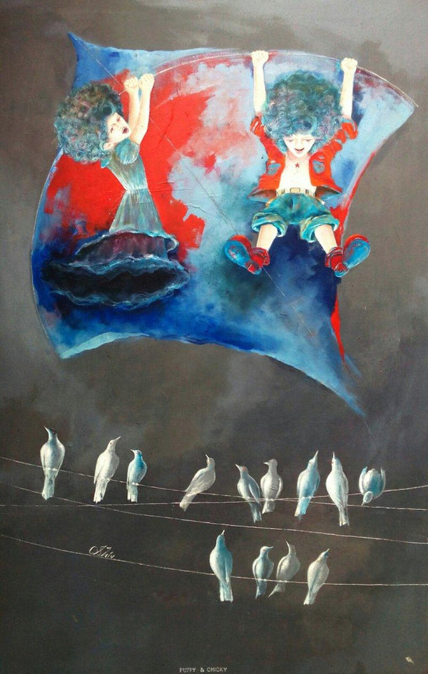 The Childhood Swinging With Kite Painting by Shiv Kumar Soni | ArtZolo.com